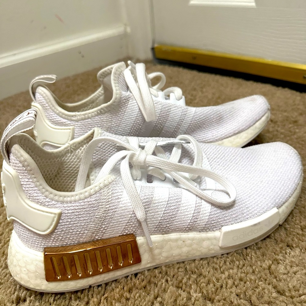 Adidas NMD_R1 cloud white sneakers with copper metallic detail
